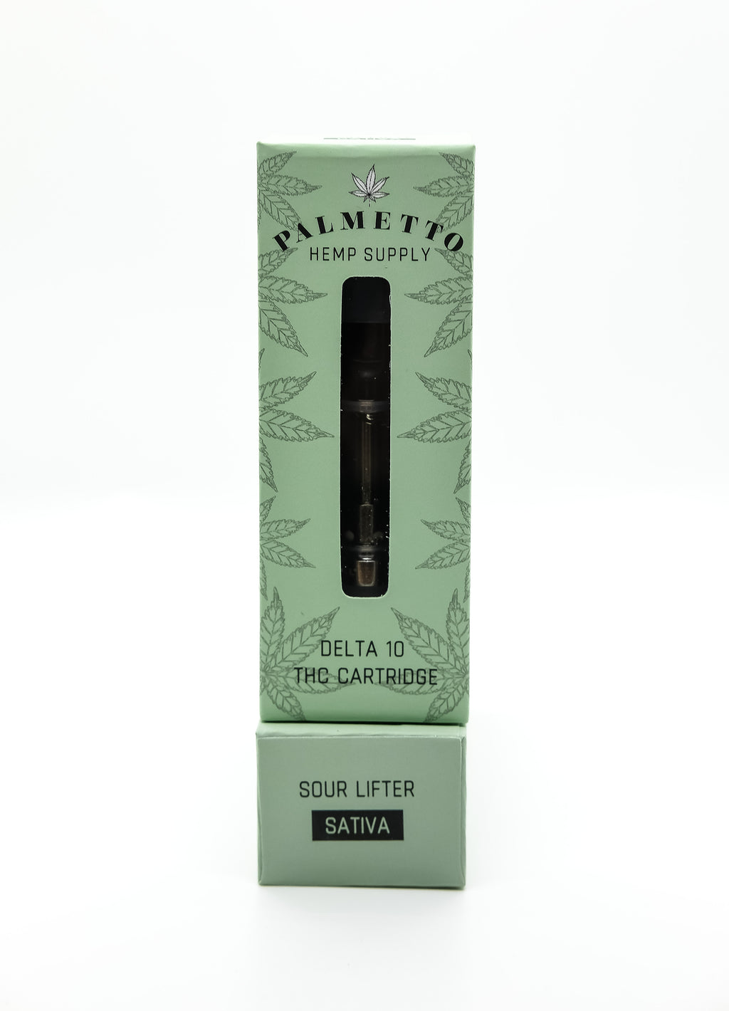 Palmetto Hemp Supply Delta-10 Sour Lifter 1 gram vape cartridge in a blue box with hemp leaves on it. The background of the photo is white.
