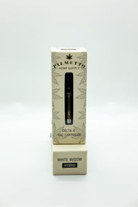 Palmetto Hemp Supply White Widow Hybrid 1 gram vape cartridge in an off white box with hemp leaves on it. The background of the photo is white.